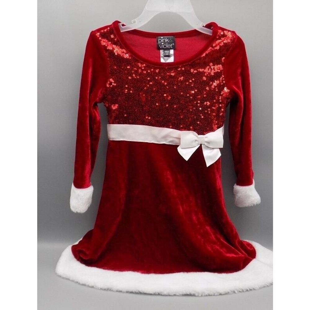 Red Velvet Velour Size 4 Holiday Christmas Dress Sequins Fur Pink & Violet New